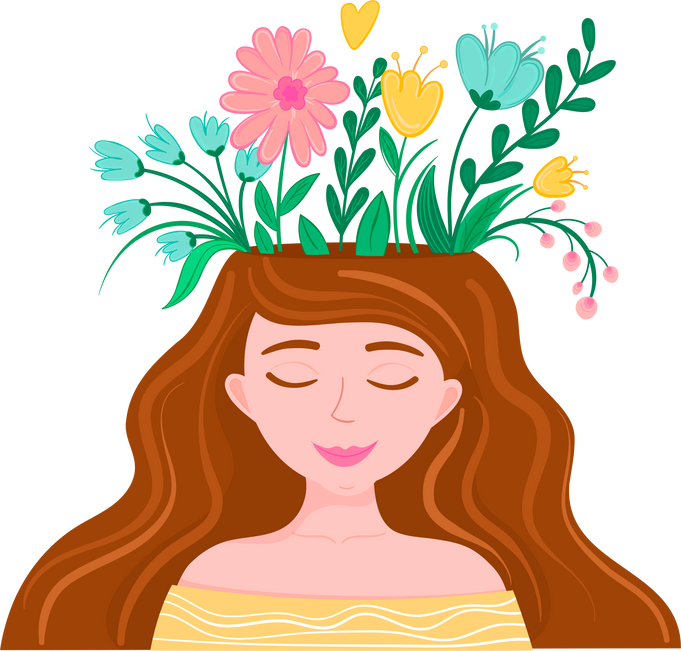 Vector illustration mental health care. Woman with flowers from head.